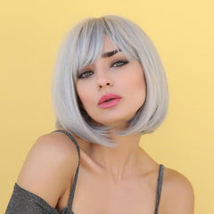 32cm Medium Long Bob Silvery Wigs with Bangs