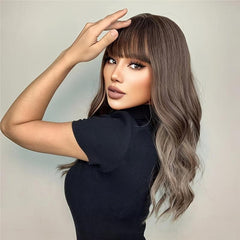 Long Wavy Brown Synthetic Wig with Bangs for Daily Wear and Cosplay