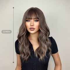 Long Wavy Brown Synthetic Wig with Bangs for Daily Wear and Cosplay