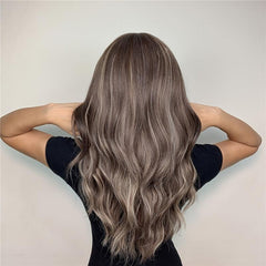 Long Wavy Brown Synthetic Wig with Bangs for Daily Wear and Cosplay