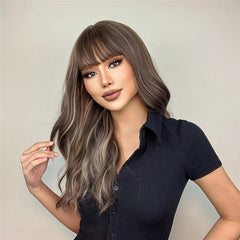Long Wavy Brown Synthetic Wig with Bangs for Daily Wear and Cosplay