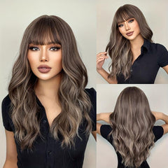 Long Wavy Brown Synthetic Wig with Bangs for Daily Wear and Cosplay