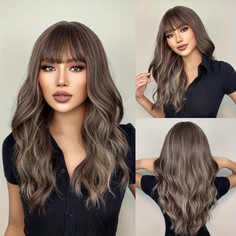 Long Wavy Brown Synthetic Wig with Bangs for Daily Wear and Cosplay