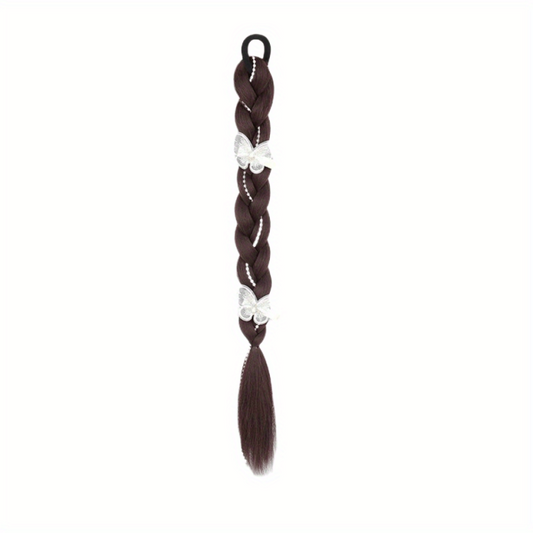 Long Braided Ponytail Extensions Y2K Butterfly Faux Pearl Decor Twist Braid