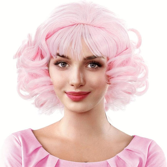 30 48 Cm Pink Short Bob Wavy Curly Hair Wig with Bangs Synthetic Fiber Hair Wig
