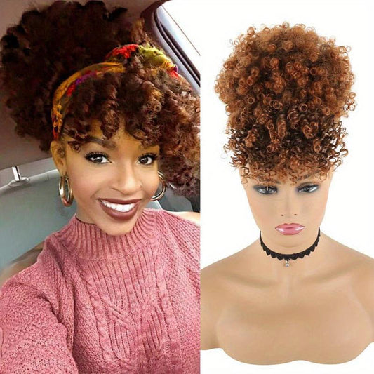 Afro Curly Puff Topper With Hair Bangs Synthetic Clip In