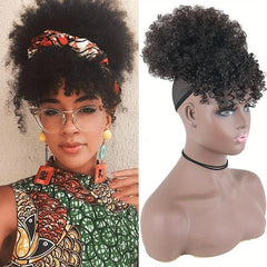 Afro Curly Puff Topper With Hair Bangs Synthetic Clip In