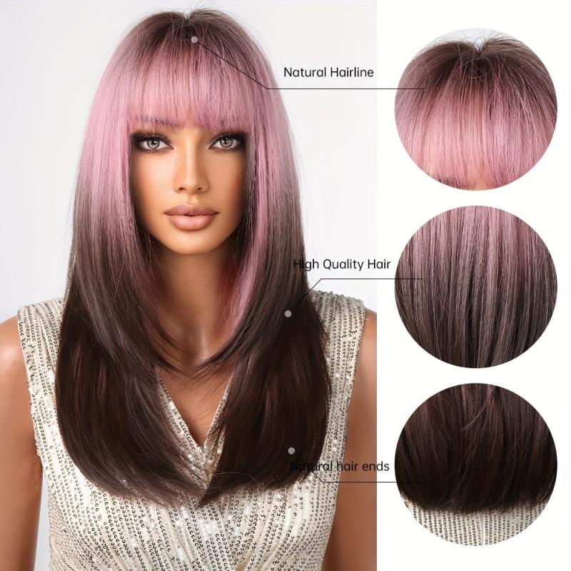 Ombre to Deep Brown Straight Hair with Bangs Wig for Women Girls