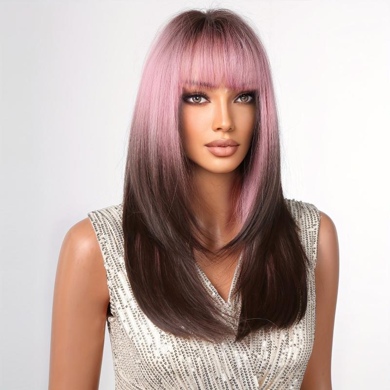 Ombre to Deep Brown Straight Hair with Bangs Wig for Women Girls
