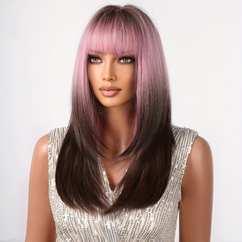 Ombre to Deep Brown Straight Hair with Bangs Wig for Women Girls
