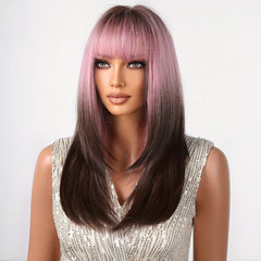 Ombre to Deep Brown Straight Hair with Bangs Wig for Women Girls