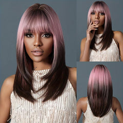 Ombre to Deep Brown Straight Hair with Bangs Wig for Women Girls