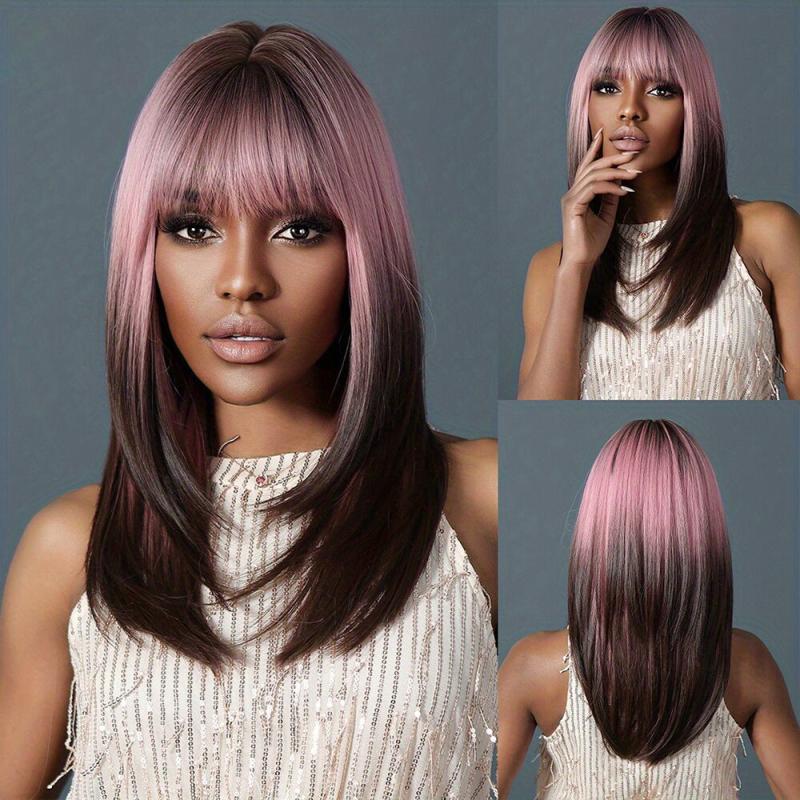 Ombre to Deep Brown Straight Hair with Bangs Wig for Women Girls