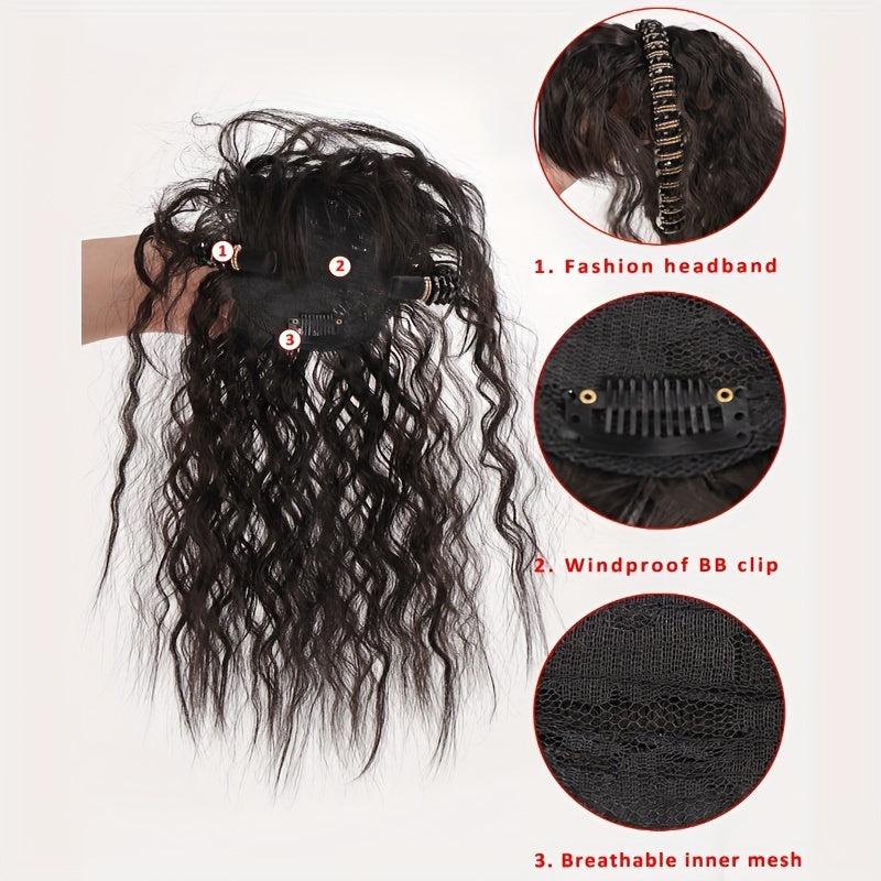 Short Curly Hair Topper w/Bangs & Headband Clip In Extensions