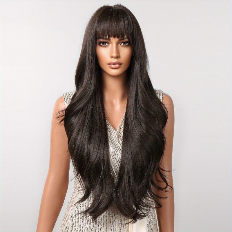 Long Curly Wavy Wig with Bangs Synthetic Rose Net Wigs for Women Girls