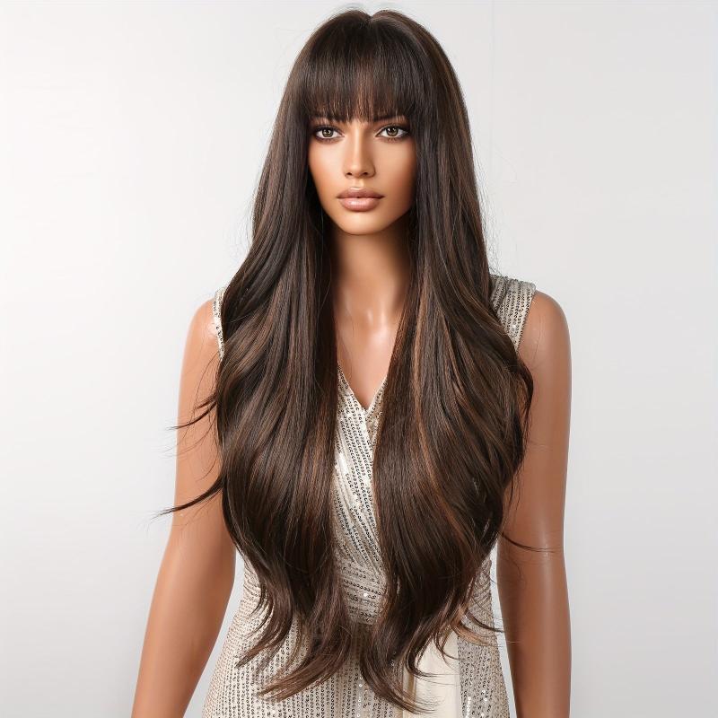 Long Curly Wavy Wig with Bangs Synthetic Rose Net Wigs for Women Girls