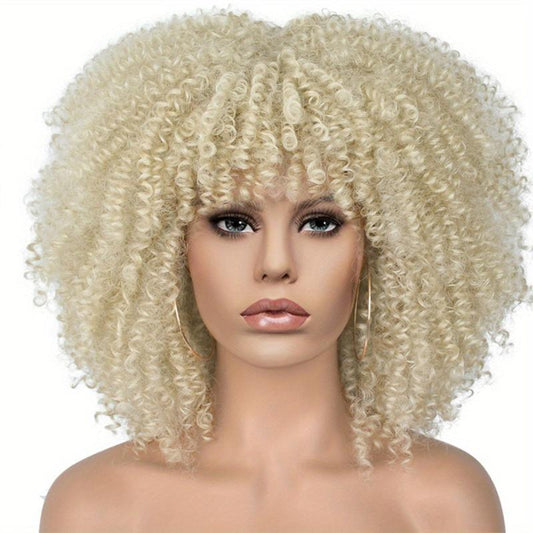 Short Afro Puff Wig Curly Bangs Synthetic Beginners Heat Resistant