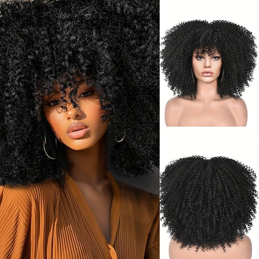Short Afro Puff Wig Curly Bangs Synthetic Beginners Heat Resistant