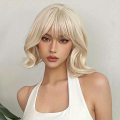 Short Curly Wavy Wigs With Bangs Heat Resistant Synthetic Hair