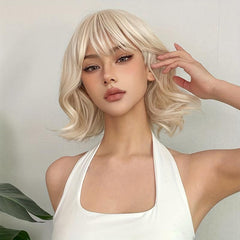 Short Curly Wavy Wigs With Bangs Heat Resistant Synthetic Hair