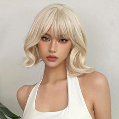 Short Curly Wavy Wigs With Bangs Heat Resistant Synthetic Hair