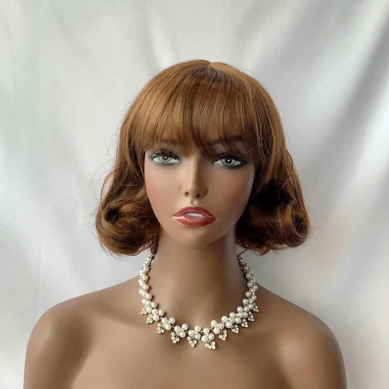 Short Bob Curly Wavy Hair Wig with Bangs Synthetic Fiber for Women Girls