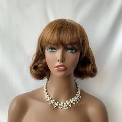Short Bob Curly Wavy Hair Wig with Bangs Synthetic Fiber for Women Girls