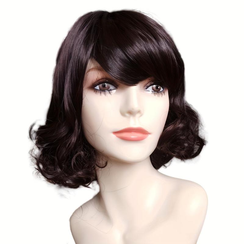 Short Bob Curly Wavy Hair Wig with Bangs Synthetic Fiber for Women Girls