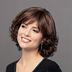 Short Bob Curly Wavy Hair Wig with Bangs Synthetic Fiber for Women Girls