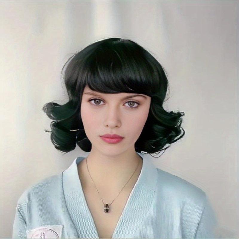 Short Bob Curly Wavy Hair Wig with Bangs Synthetic Fiber for Women Girls