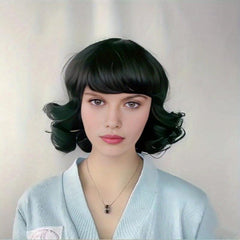 Short Bob Curly Wavy Hair Wig with Bangs Synthetic Fiber for Women Girls