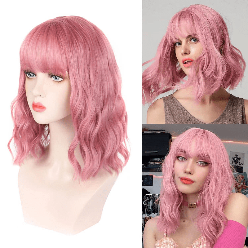 Curly Bob Cut Wig With Bangs Synthetic Wig for Halloween Party