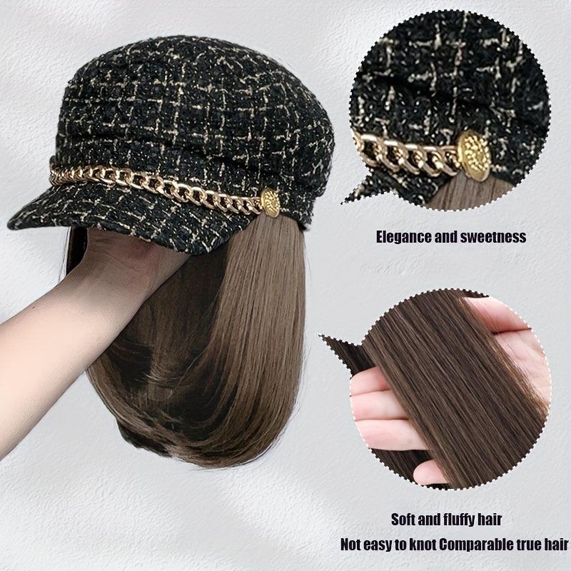 Shoulder Length Curly Wig with Beret Hat, British Retro Style Synthetic Full Wig