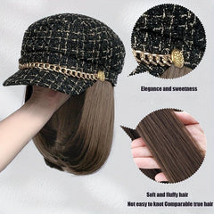 Shoulder Length Curly Wig with Beret Hat, British Retro Style Synthetic Full Wig
