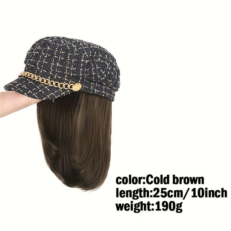 Shoulder Length Curly Wig with Beret Hat, British Retro Style Synthetic Full Wig