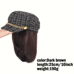 Shoulder Length Curly Wig with Beret Hat, British Retro Style Synthetic Full Wig