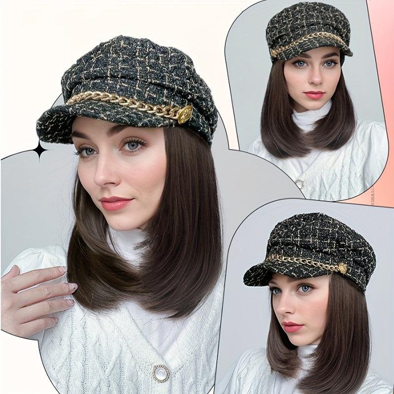 Shoulder Length Curly Wig with Beret Hat, British Retro Style Synthetic Full Wig