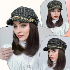 Shoulder Length Curly Wig with Beret Hat, British Retro Style Synthetic Full Wig