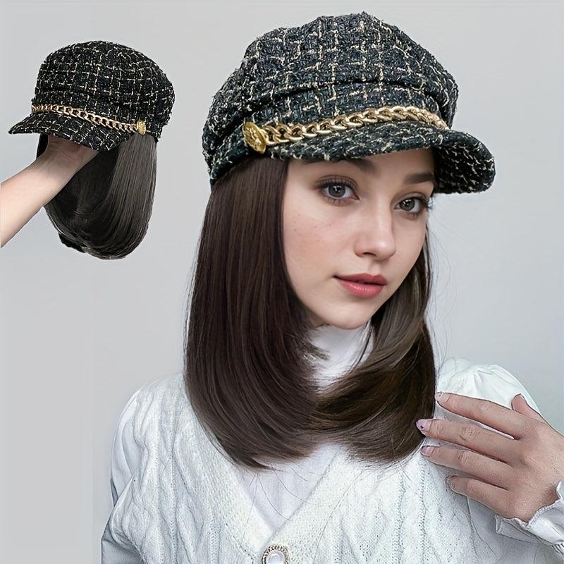 Shoulder Length Curly Wig with Beret Hat, British Retro Style Synthetic Full Wig
