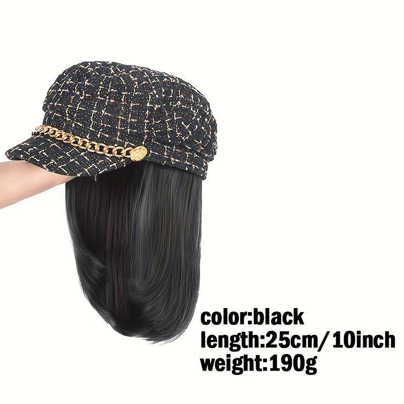 Shoulder Length Curly Wig with Beret Hat, British Retro Style Synthetic Full Wig