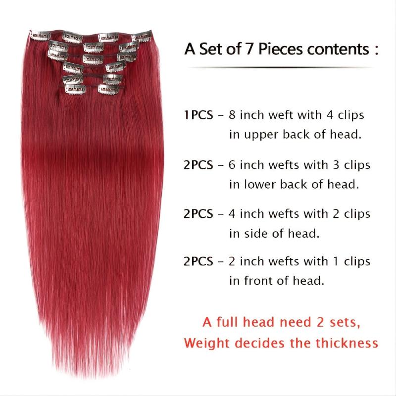 Clip In Hair Extensions 14-18 Inch Burgundy Wine Red 7pcs Real Human Hair