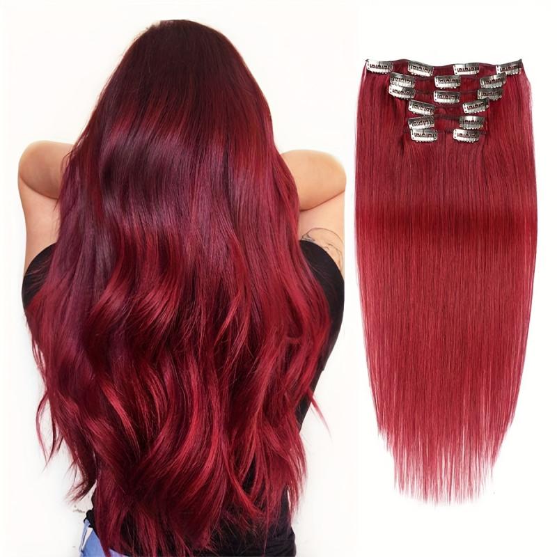 Clip In Hair Extensions 14-18 Inch Burgundy Wine Red 7pcs Real Human Hair