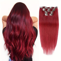 Clip In Hair Extensions 14-18 Inch Burgundy Wine Red 7pcs Real Human Hair