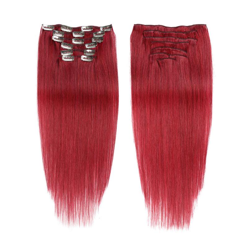 Clip In Hair Extensions 14-18 Inch Burgundy Wine Red 7pcs Real Human Hair