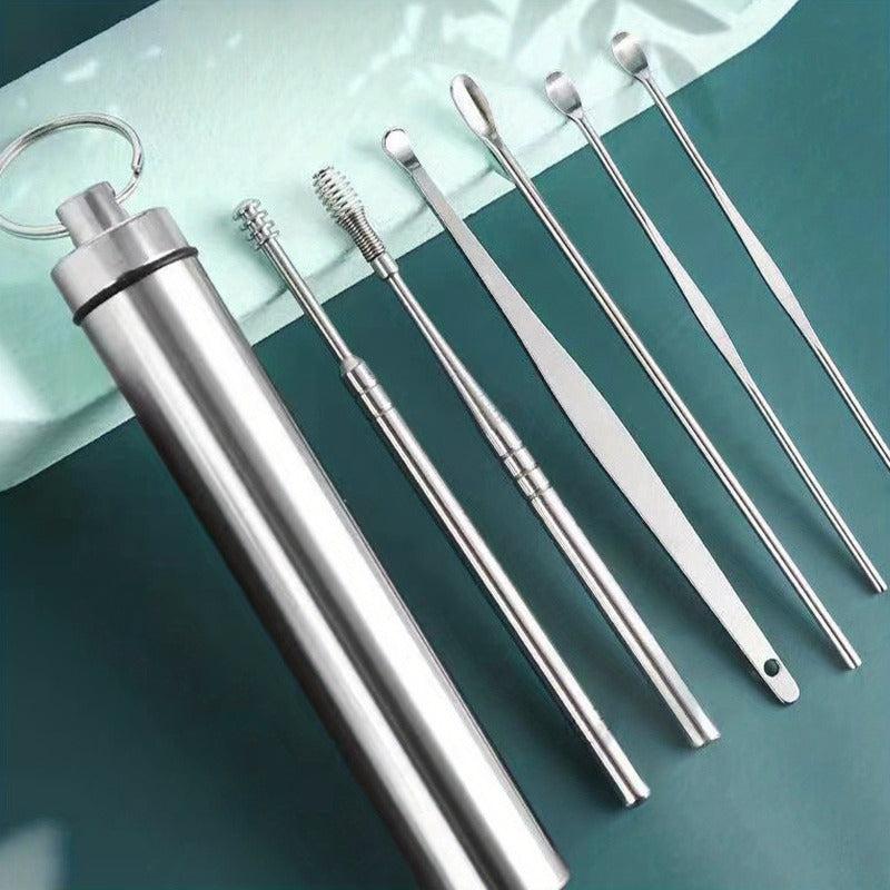 Stainless Steel Ear Digging Spoon Spiral Adult Portable Keychain Ear Tool Set