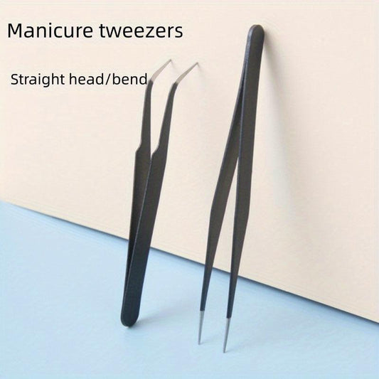 2Pcs Nail Art Tweezers Straight Curved Tip False Eyelash Extension Clip Set