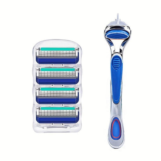 Vintage 5-Layer Manual Razor Set Stainless Steel Anti-Slip Handle with 8 Refills