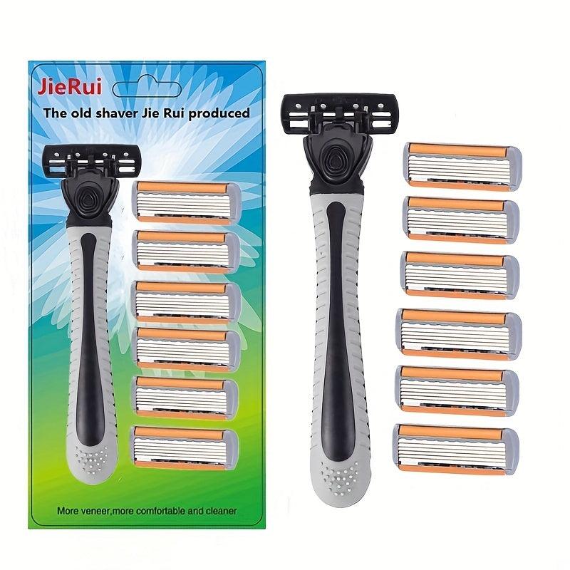 6-Layer Stainless Steel Shaving Razor Blade Set with 1 Holder & 6 Blades