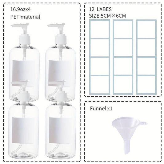 4pcs 16 Oz Shampoo Pump Bottles Clear Lotion Pump w/ Labels & Funnel