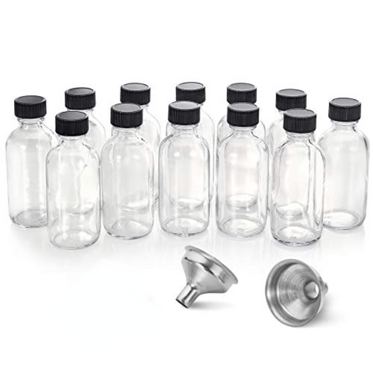 12 Pack 2oz Clear Glass Boston Bottle w/ Cap & Funnel 60ml Dispensing Bottles